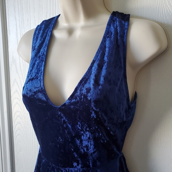 Lulu's Blue Backless Velvet Skater Dress - Picture 2 of 5